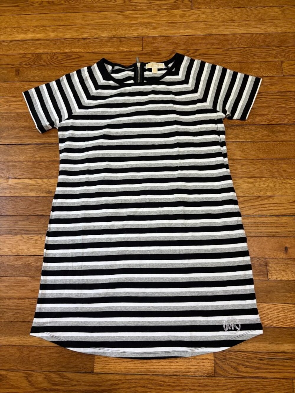 Michael Kors Womens Shirt Dress Sz Large Black Gray White Striped Cotton @ Knee
